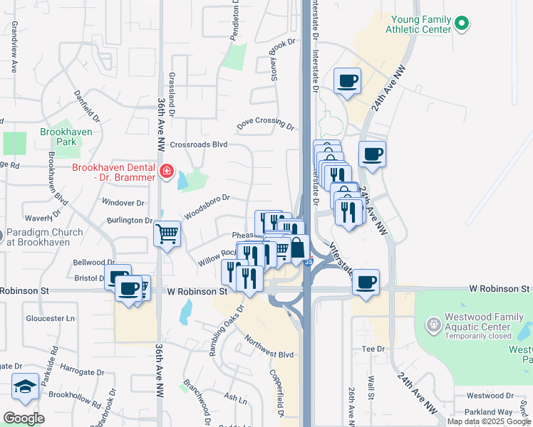 map of restaurants, bars, coffee shops, grocery stores, and more near 3113 Greenwood Court in Norman