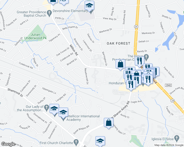 map of restaurants, bars, coffee shops, grocery stores, and more near 7116 Village Green Drive in Charlotte