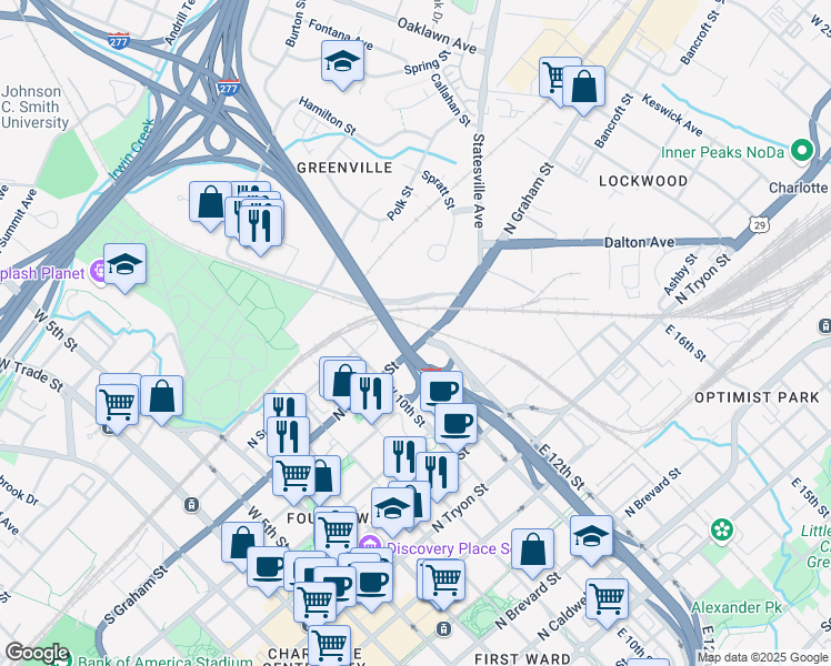 map of restaurants, bars, coffee shops, grocery stores, and more near 825 North Graham Street in Charlotte