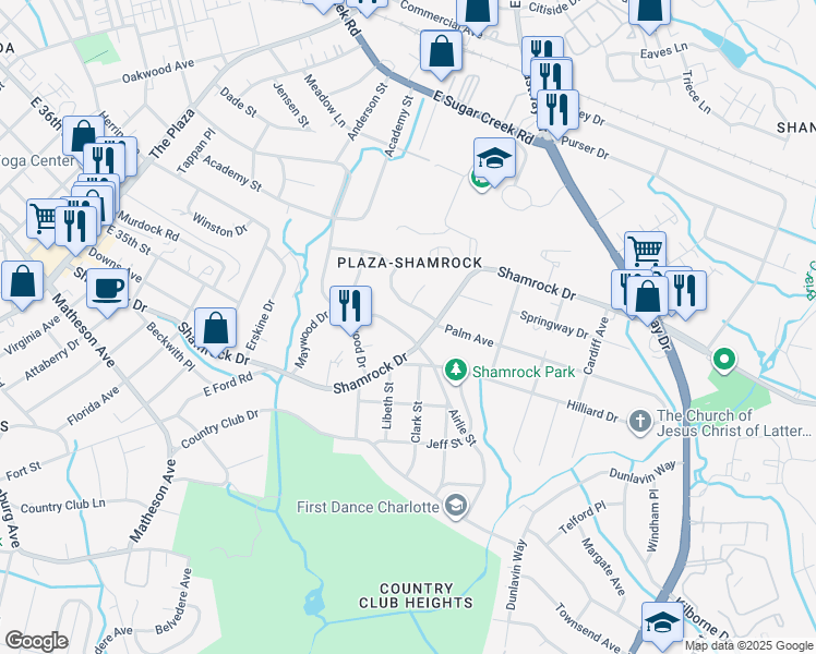 map of restaurants, bars, coffee shops, grocery stores, and more near 3416 Airlie Street in Charlotte