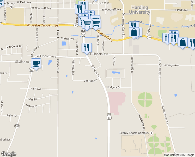 map of restaurants, bars, coffee shops, grocery stores, and more near 118 Central Ave in Searcy
