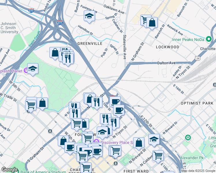 map of restaurants, bars, coffee shops, grocery stores, and more near 825 North Graham Street in Charlotte