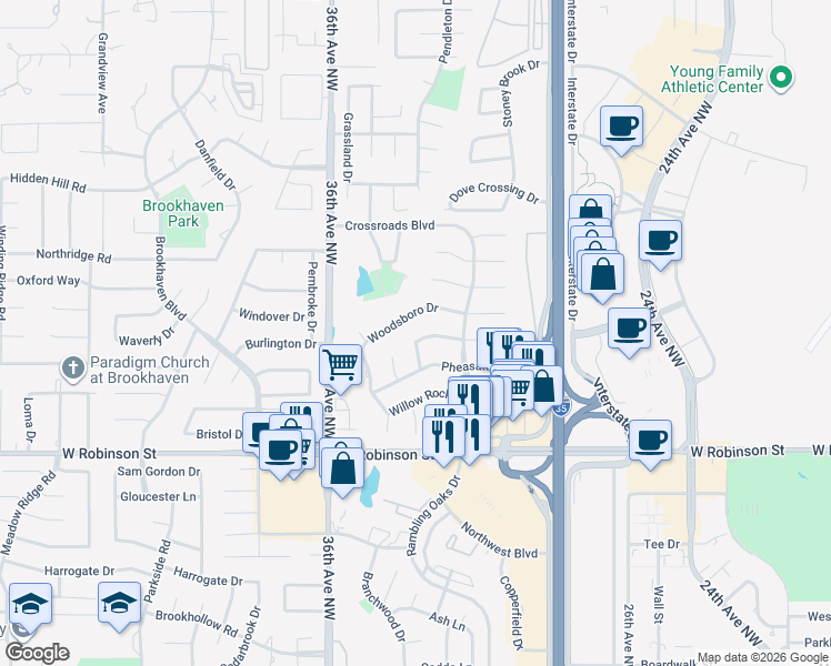 map of restaurants, bars, coffee shops, grocery stores, and more near 3313 Greenwood Drive in Norman