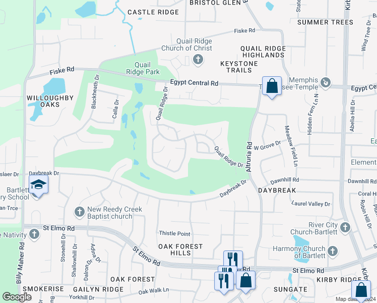 map of restaurants, bars, coffee shops, grocery stores, and more near 4066 Fairway View Circle East in Bartlett