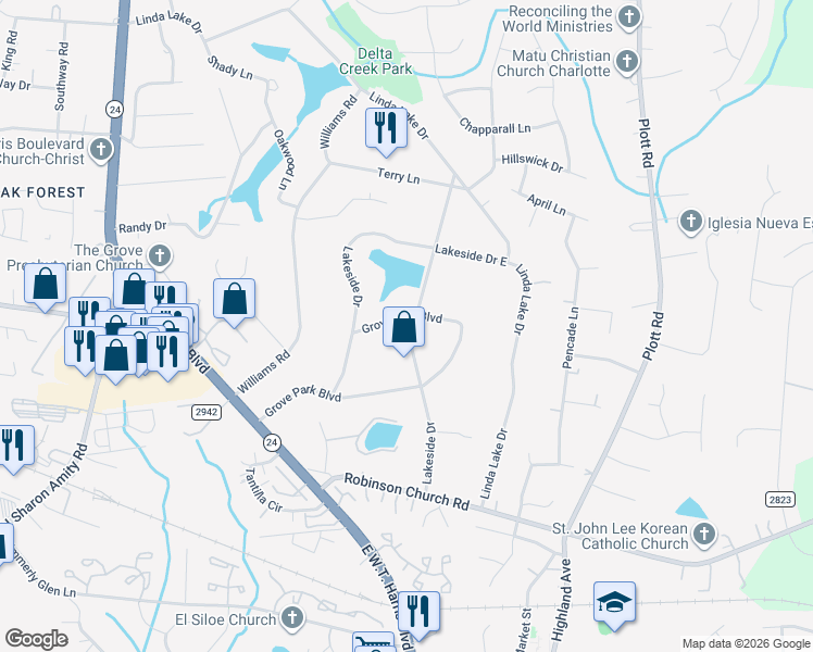 map of restaurants, bars, coffee shops, grocery stores, and more near 6501 Grove Park Boulevard in Charlotte