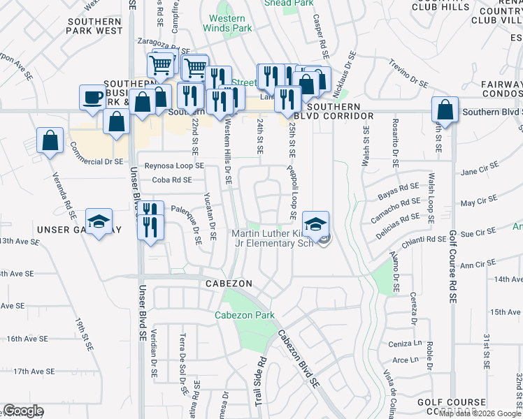 map of restaurants, bars, coffee shops, grocery stores, and more near 2401 Anitori Drive Southeast in Rio Rancho