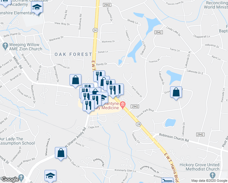 map of restaurants, bars, coffee shops, grocery stores, and more near in Charlotte