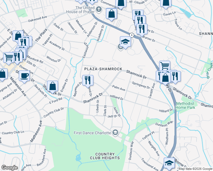 map of restaurants, bars, coffee shops, grocery stores, and more near 3416 Airlie Street in Charlotte