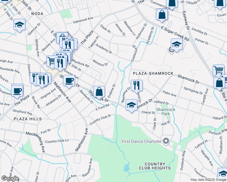 map of restaurants, bars, coffee shops, grocery stores, and more near 3125 Erskine Drive in Charlotte