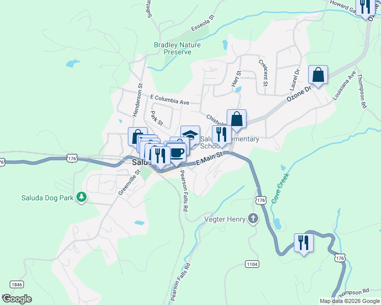 map of restaurants, bars, coffee shops, grocery stores, and more near 214 East Main Street in Saluda