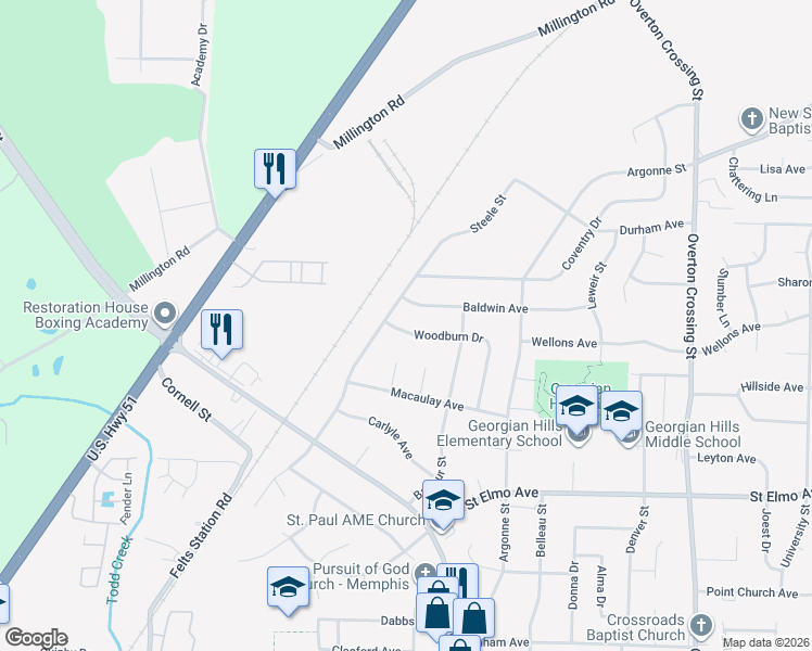 map of restaurants, bars, coffee shops, grocery stores, and more near 1768 Woodburn Drive in Memphis