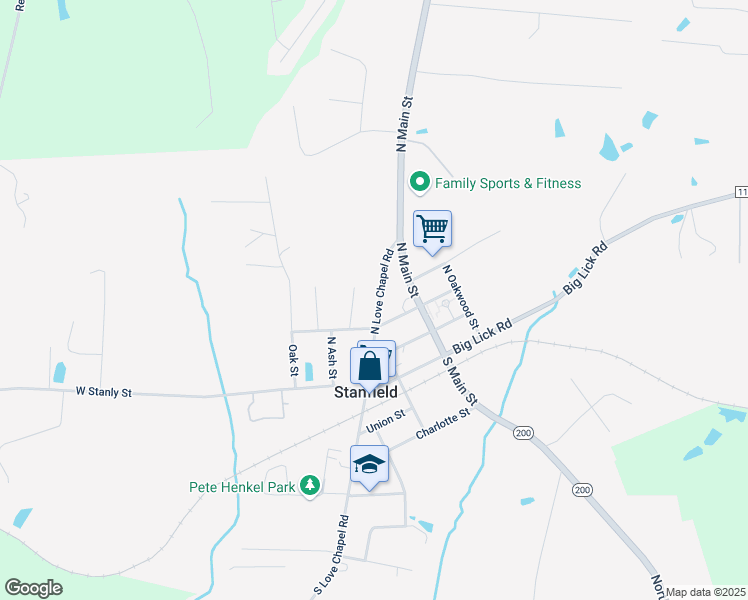 map of restaurants, bars, coffee shops, grocery stores, and more near 203 North Love Chapel Road in Stanfield
