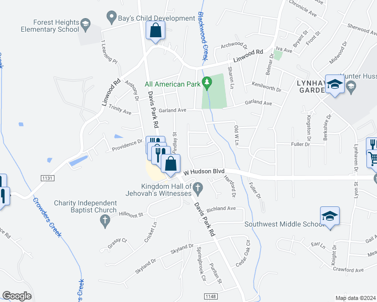 map of restaurants, bars, coffee shops, grocery stores, and more near 1918 Danbury Street in Gastonia