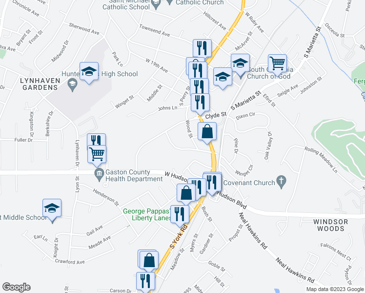 map of restaurants, bars, coffee shops, grocery stores, and more near 99 Gilmer Street in Gastonia