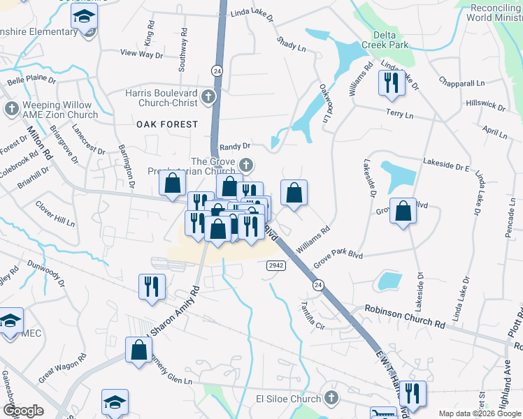 map of restaurants, bars, coffee shops, grocery stores, and more near 6150 Meadow Rose Lane in Charlotte