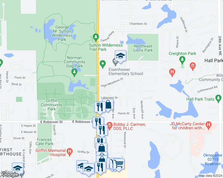 map of restaurants, bars, coffee shops, grocery stores, and more near 1516 Westfield Circle in Norman
