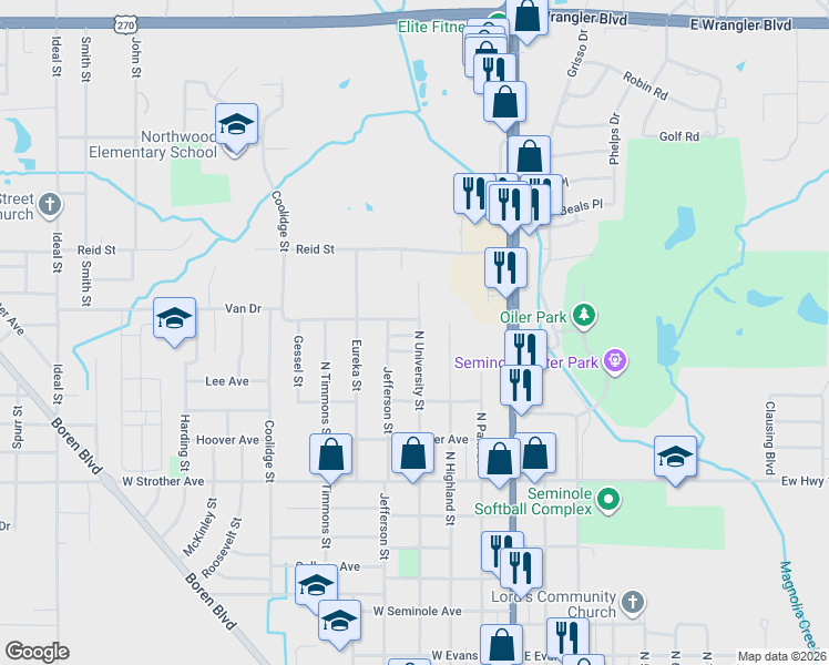 map of restaurants, bars, coffee shops, grocery stores, and more near 1363 North University Street in Seminole