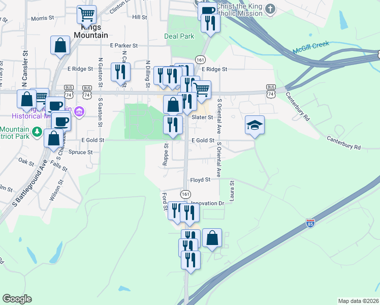 map of restaurants, bars, coffee shops, grocery stores, and more near 313 York Road in Kings Mountain