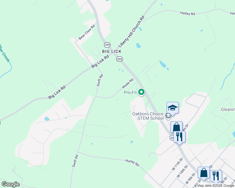 map of restaurants, bars, coffee shops, grocery stores, and more near 585 Wade Road in Oakboro
