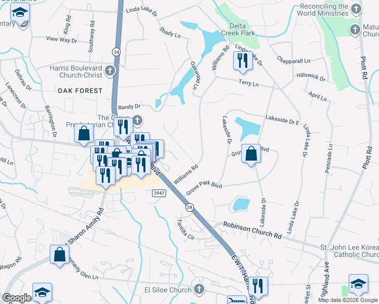map of restaurants, bars, coffee shops, grocery stores, and more near 7426 Farm Gate Drive in Charlotte