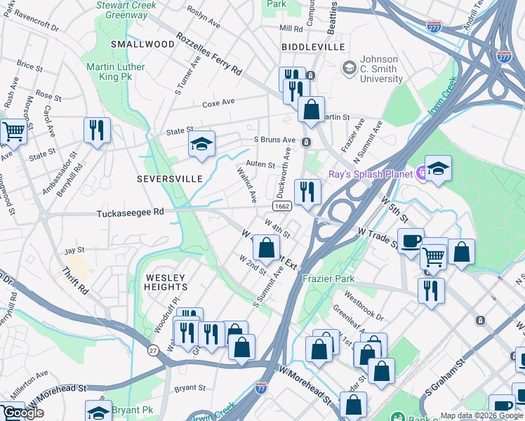 map of restaurants, bars, coffee shops, grocery stores, and more near 1539 Walnut View Drive in Charlotte