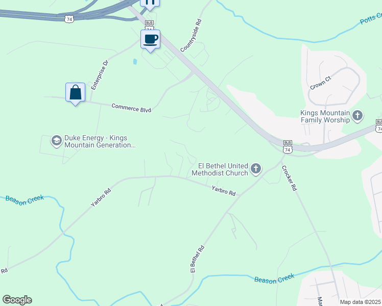 map of restaurants, bars, coffee shops, grocery stores, and more near 107 High Ridge Court in Kings Mountain