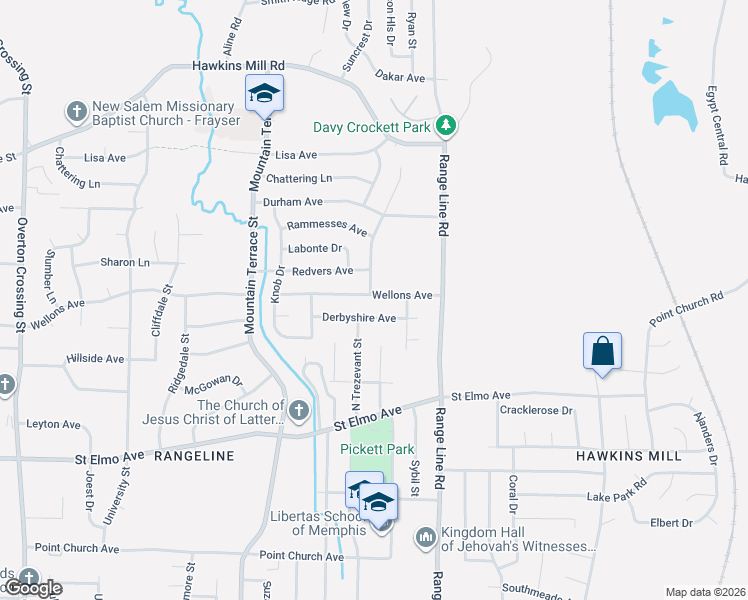 map of restaurants, bars, coffee shops, grocery stores, and more near 2540 Derbyshire Avenue in Memphis