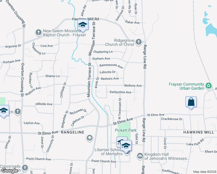 map of restaurants, bars, coffee shops, grocery stores, and more near 2494 Derbyshire Avenue in Memphis