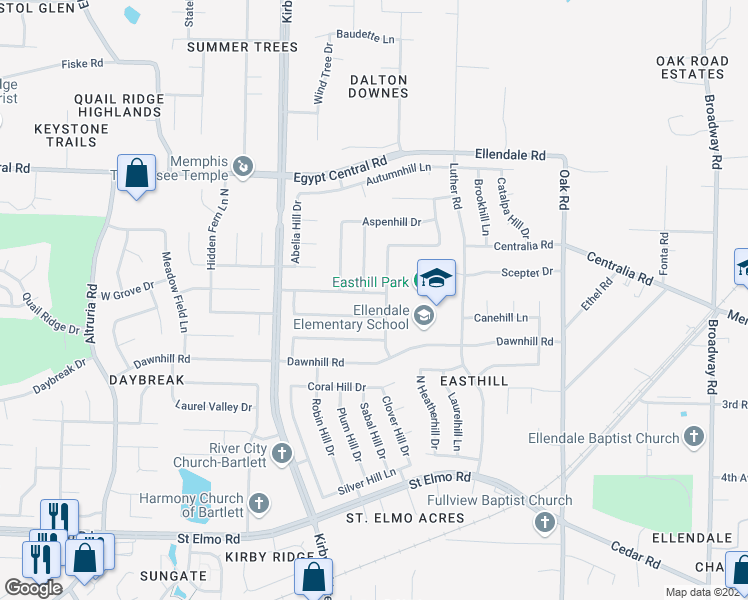 map of restaurants, bars, coffee shops, grocery stores, and more near 6881 Pecanhill Drive in Bartlett