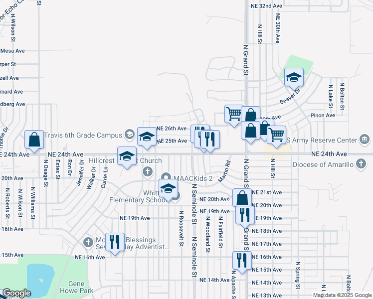 map of restaurants, bars, coffee shops, grocery stores, and more near 3205 Northeast 24th Avenue in Amarillo