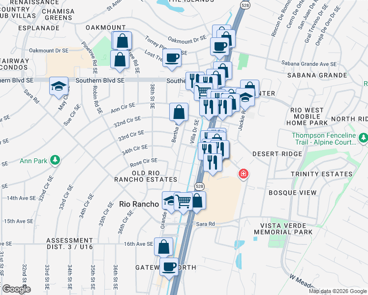 map of restaurants, bars, coffee shops, grocery stores, and more near 1303 Villa Drive Southeast in Rio Rancho