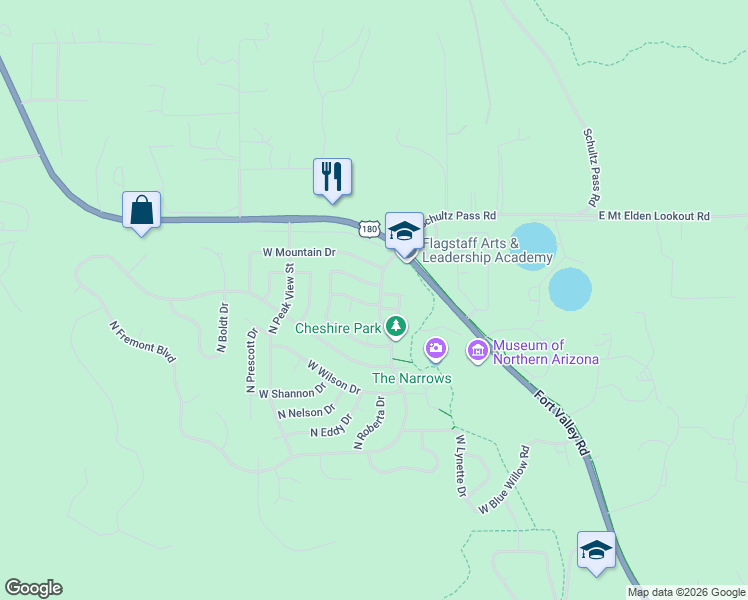 map of restaurants, bars, coffee shops, grocery stores, and more near 3107 West Sheila Drive in Flagstaff