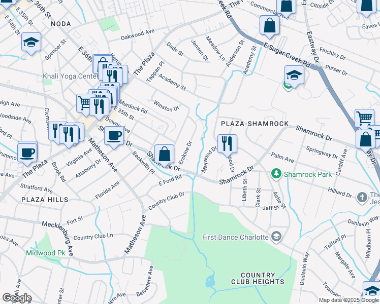 map of restaurants, bars, coffee shops, grocery stores, and more near 3125 Erskine Drive in Charlotte