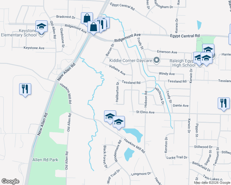map of restaurants, bars, coffee shops, grocery stores, and more near 4053 Haliburton Street in Memphis