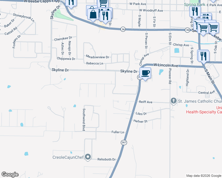 map of restaurants, bars, coffee shops, grocery stores, and more near 9 Jenny Lynne Drive in Searcy
