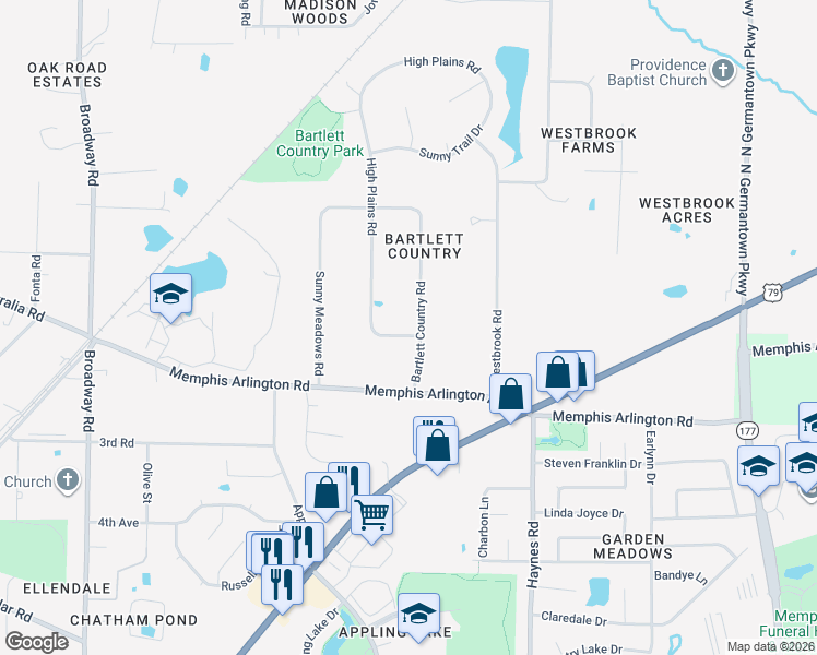 map of restaurants, bars, coffee shops, grocery stores, and more near 4050 High Plains Road in Bartlett