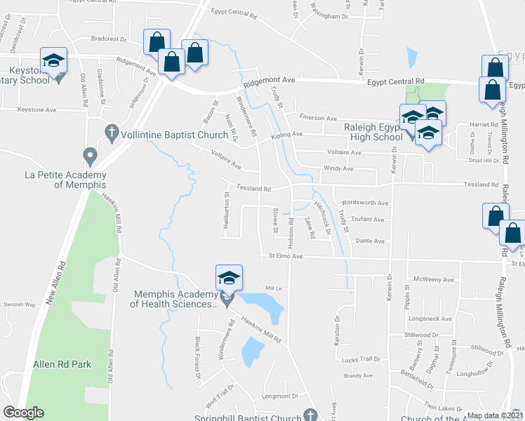 map of restaurants, bars, coffee shops, grocery stores, and more near 3691 Wordsworth Avenue in Memphis