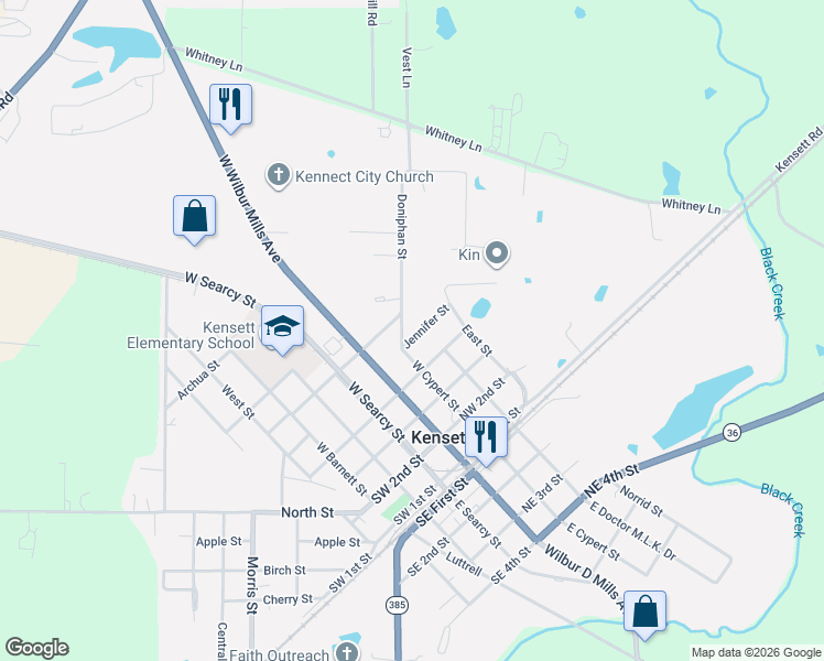 map of restaurants, bars, coffee shops, grocery stores, and more near 109 Jennifer Street in Kensett