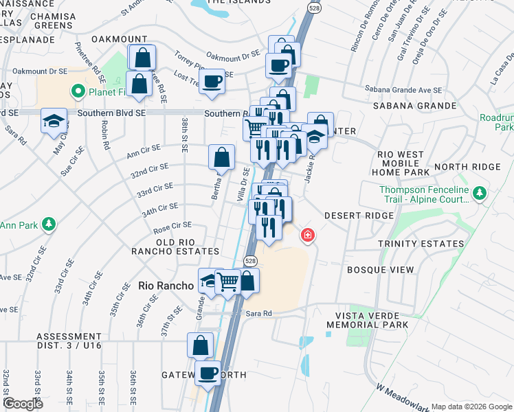 map of restaurants, bars, coffee shops, grocery stores, and more near 1301 Rio Rancho Drive Southeast in Rio Rancho