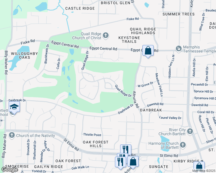 map of restaurants, bars, coffee shops, grocery stores, and more near 6410 Persimmon View Drive in Bartlett