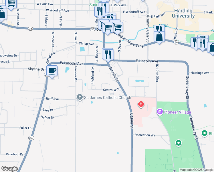 map of restaurants, bars, coffee shops, grocery stores, and more near 200 Central Avenue in Searcy