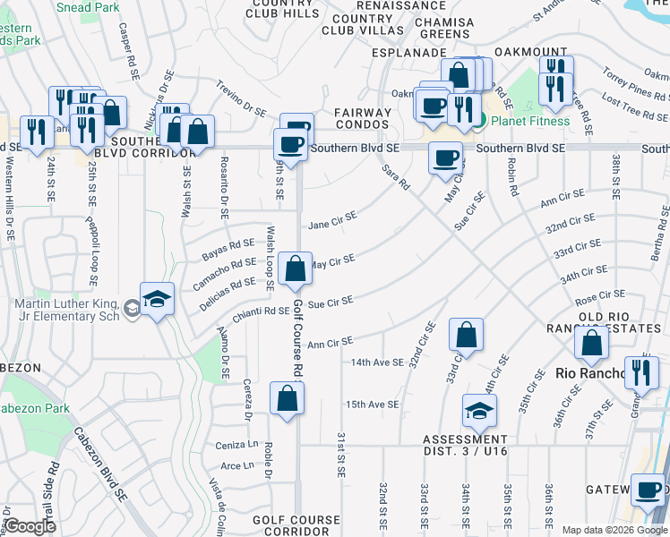map of restaurants, bars, coffee shops, grocery stores, and more near 3010 May Circle Southeast in Rio Rancho