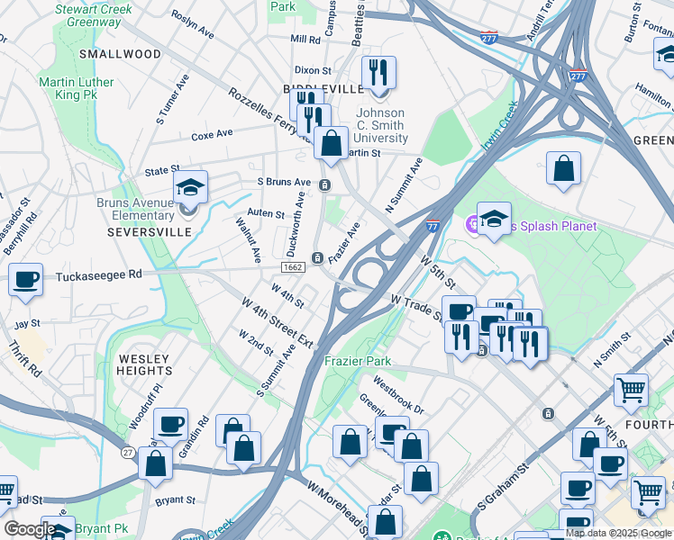 map of restaurants, bars, coffee shops, grocery stores, and more near 1414 West Trade Street in Charlotte