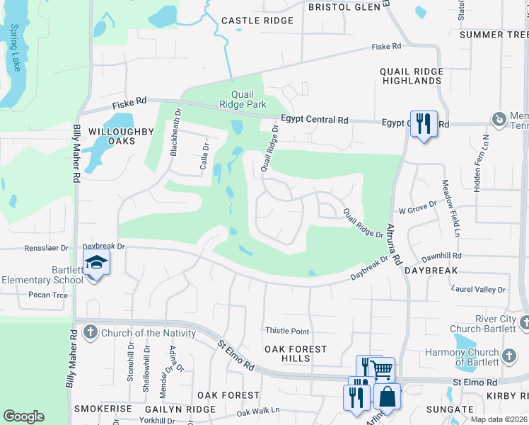 map of restaurants, bars, coffee shops, grocery stores, and more near 6313 Fairway Hill Cove in Bartlett