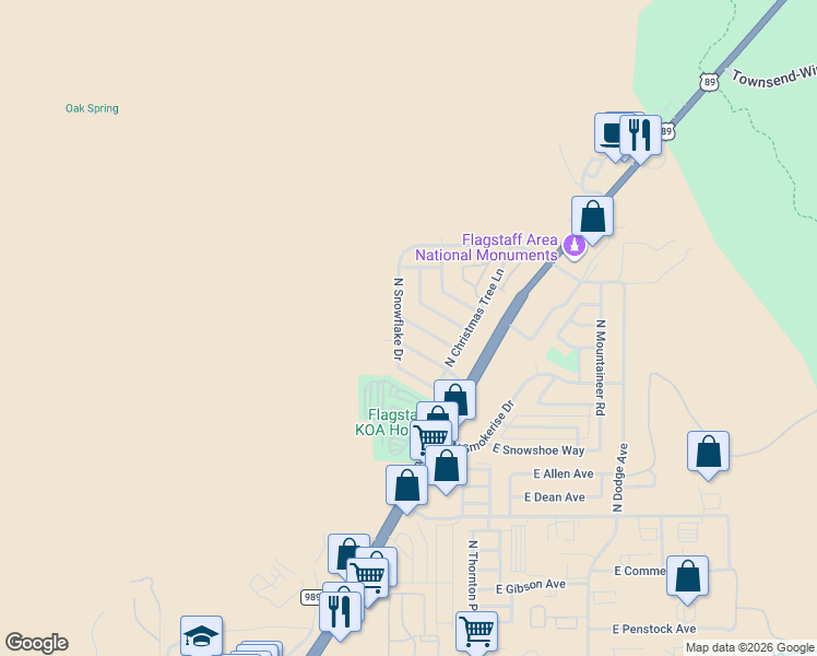 map of restaurants, bars, coffee shops, grocery stores, and more near 4360 East Winter Drive in Flagstaff