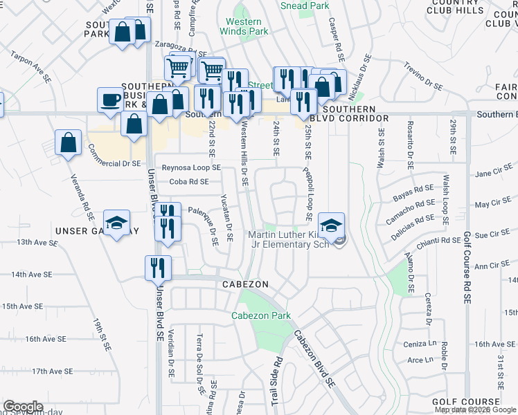 map of restaurants, bars, coffee shops, grocery stores, and more near Peppoli Loop Southeast in Rio Rancho