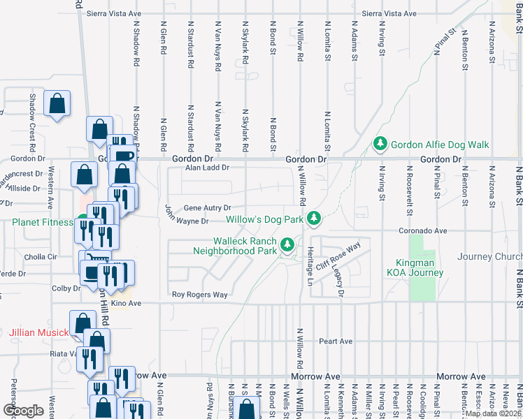 map of restaurants, bars, coffee shops, grocery stores, and more near 3914 Walleck Ranch Drive in Kingman