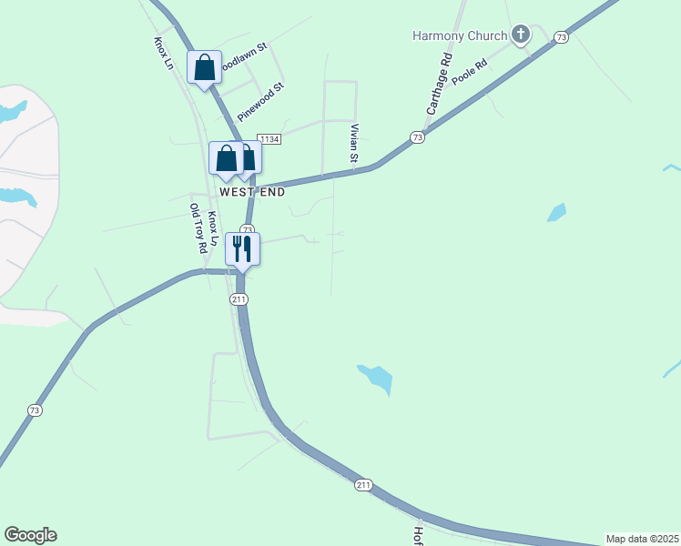 map of restaurants, bars, coffee shops, grocery stores, and more near 235 Beauty Road in Moore County