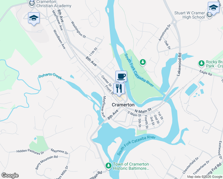 map of restaurants, bars, coffee shops, grocery stores, and more near 197 Frontage Street in Cramerton