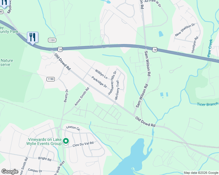 map of restaurants, bars, coffee shops, grocery stores, and more near 9510 Parkridge Drive in Charlotte